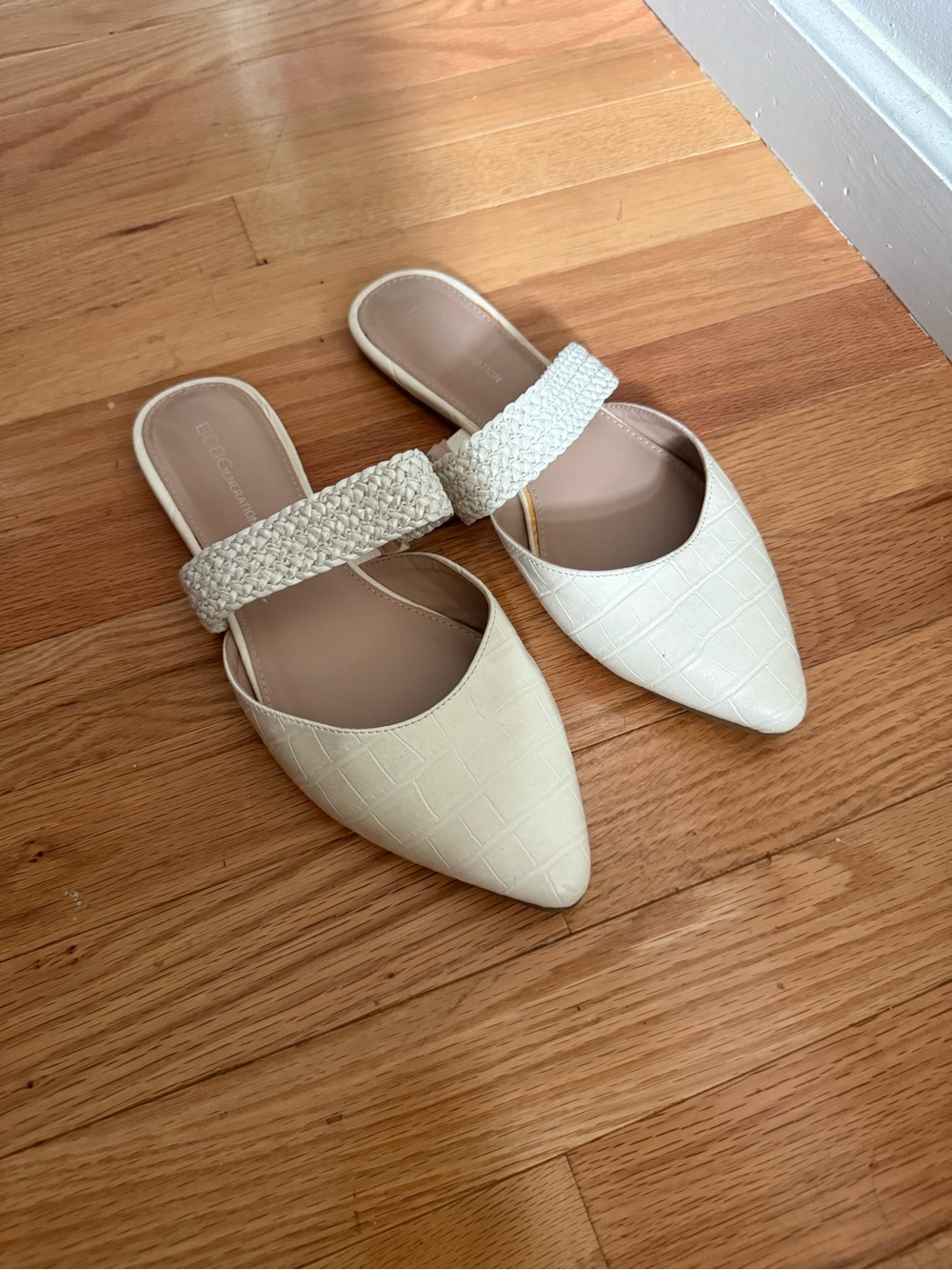 BCBGeneration Cream Croc-Textured Pointed-Toe Mules with Braided Strap